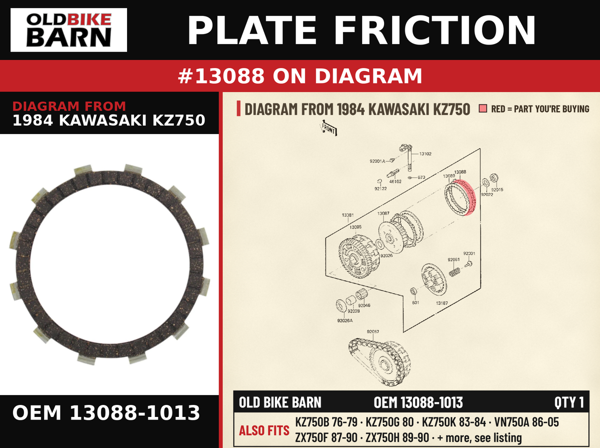 PLATE FRICTION OEM 13088-1013 diagram #13088 from 1984 KAWASAKI KZ750 | Old Bike Barn
