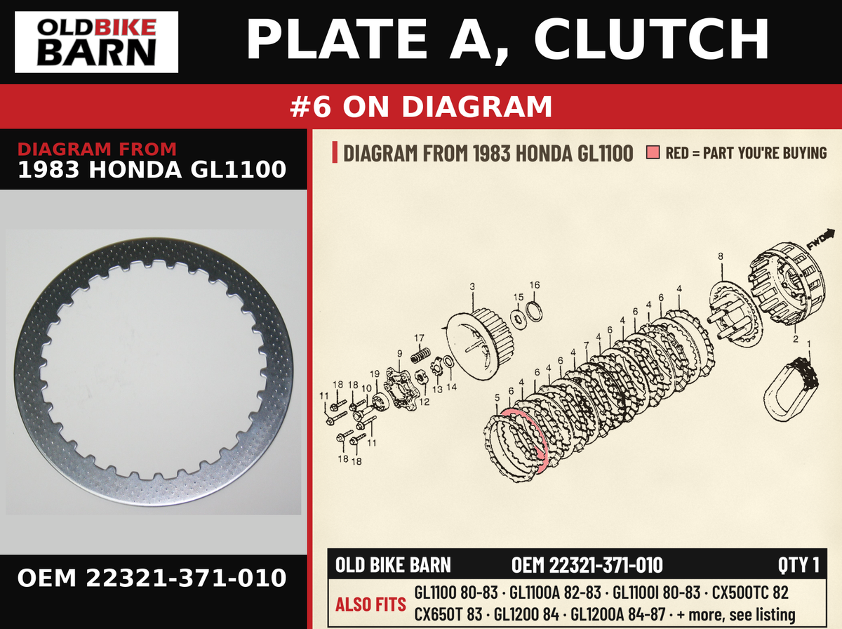 PLATE A, CLUTCH OEM 22321-371-010 diagram #6 from 1983 HONDA GL1100 | Old Bike Barn
