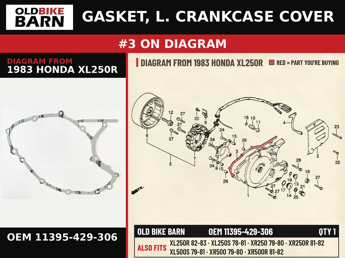 GASKET, L. CRANKCASE COVER OEM 11395-429-306 diagram #3 from 1983 HONDA XL250R | Old Bike Barn