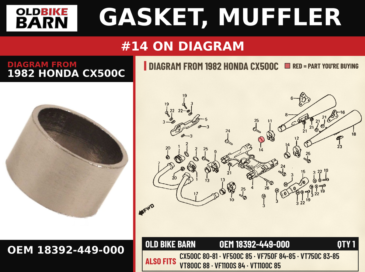 GASKET, MUFFLER OEM 18392-449-000 diagram #14 from 1982 HONDA CX500C | Old Bike Barn