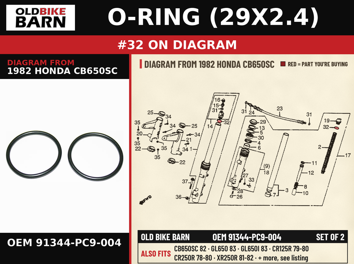 O-RING (29X2.4) OEM 91344-PC9-004 diagram #32 from 1982 HONDA CB650SC | Old Bike Barn