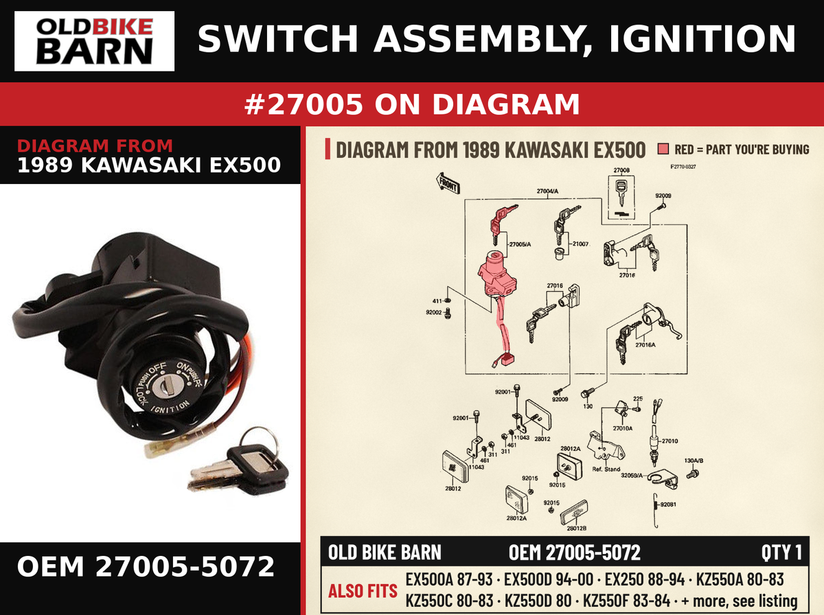 SWITCH ASSEMBLY, IGNITION OEM 27005-5072 diagram #27005 from 1989 KAWASAKI EX500 | Old Bike Barn