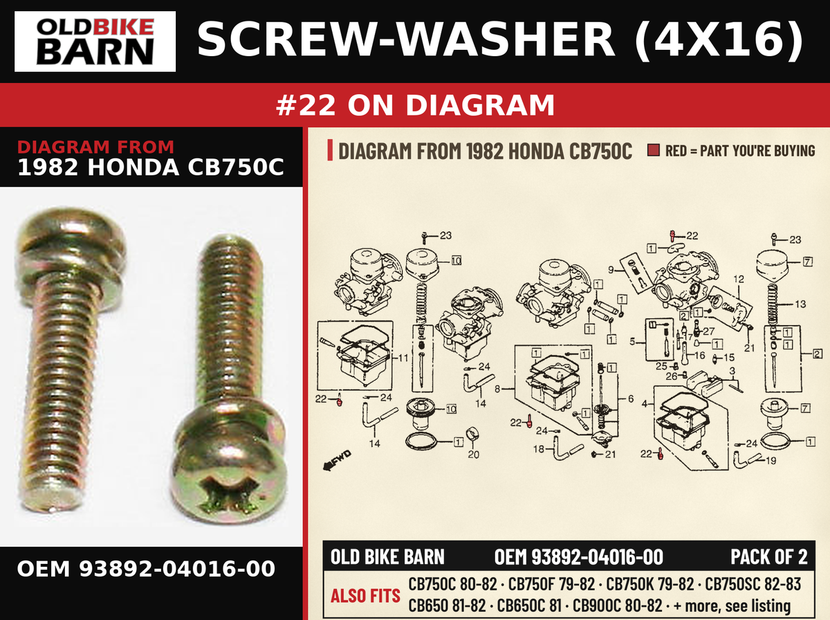 SCREW-WASHER (4X16) OEM 93892-04016-00 diagram #22 from 1982 HONDA CB750C | Old Bike Barn