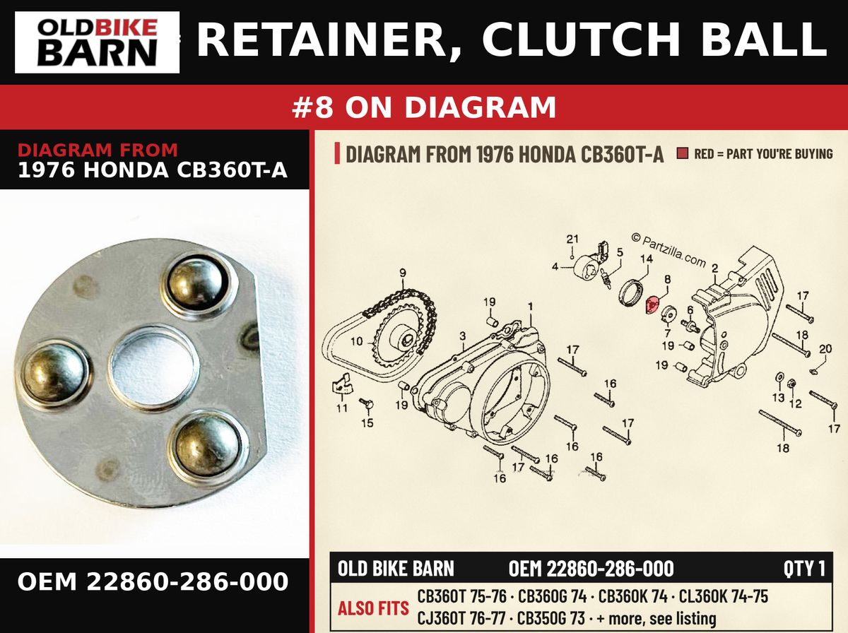 RETAINER, CLUTCH BALL OEM 22860-286-000 diagram #8 from 1976 HONDA CB360T-A | Old Bike Barn
