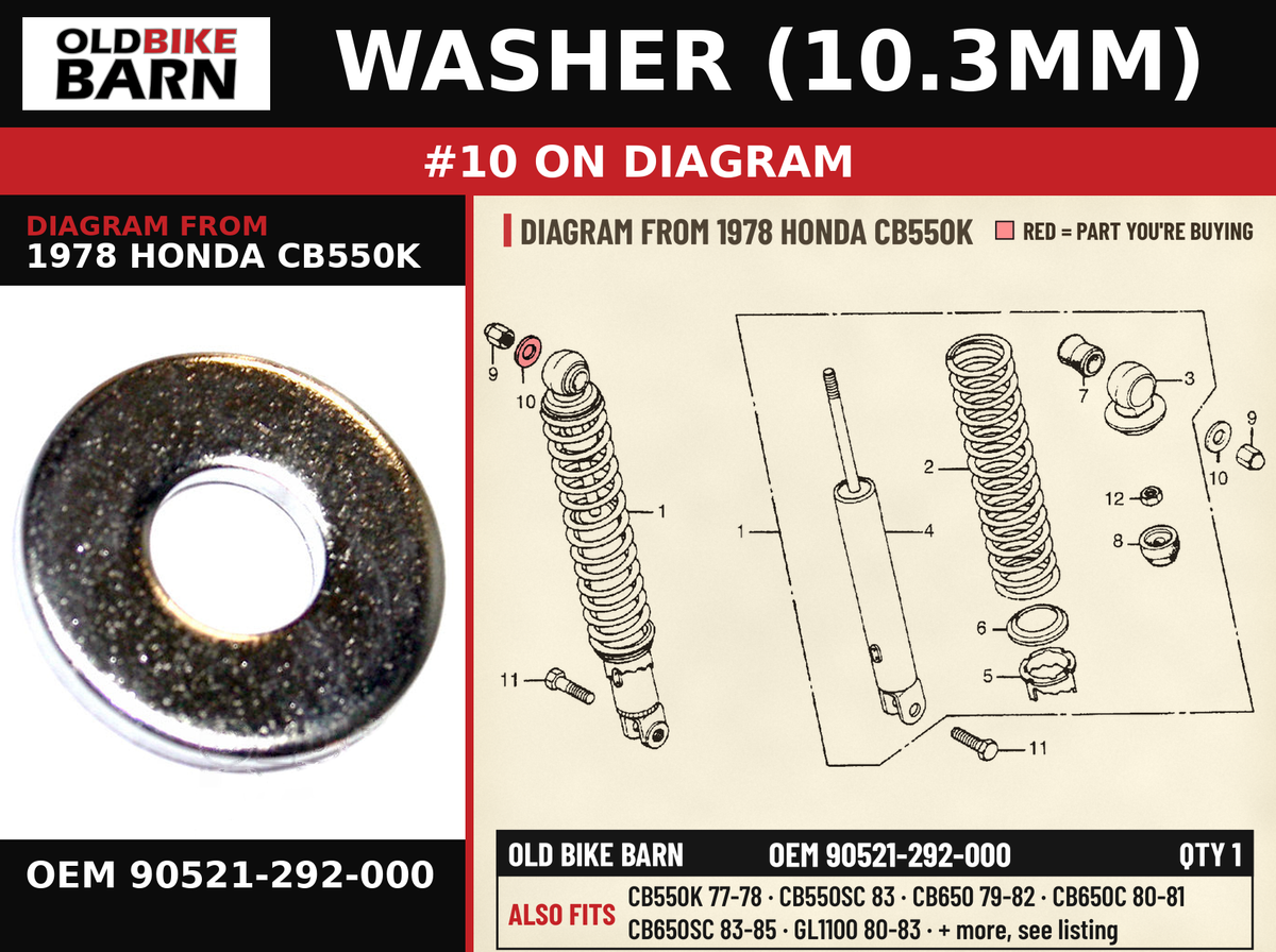 WASHER (10.3MM) OEM 90521-292-000 diagram #10 from 1978 HONDA CB550K | Old Bike Barn