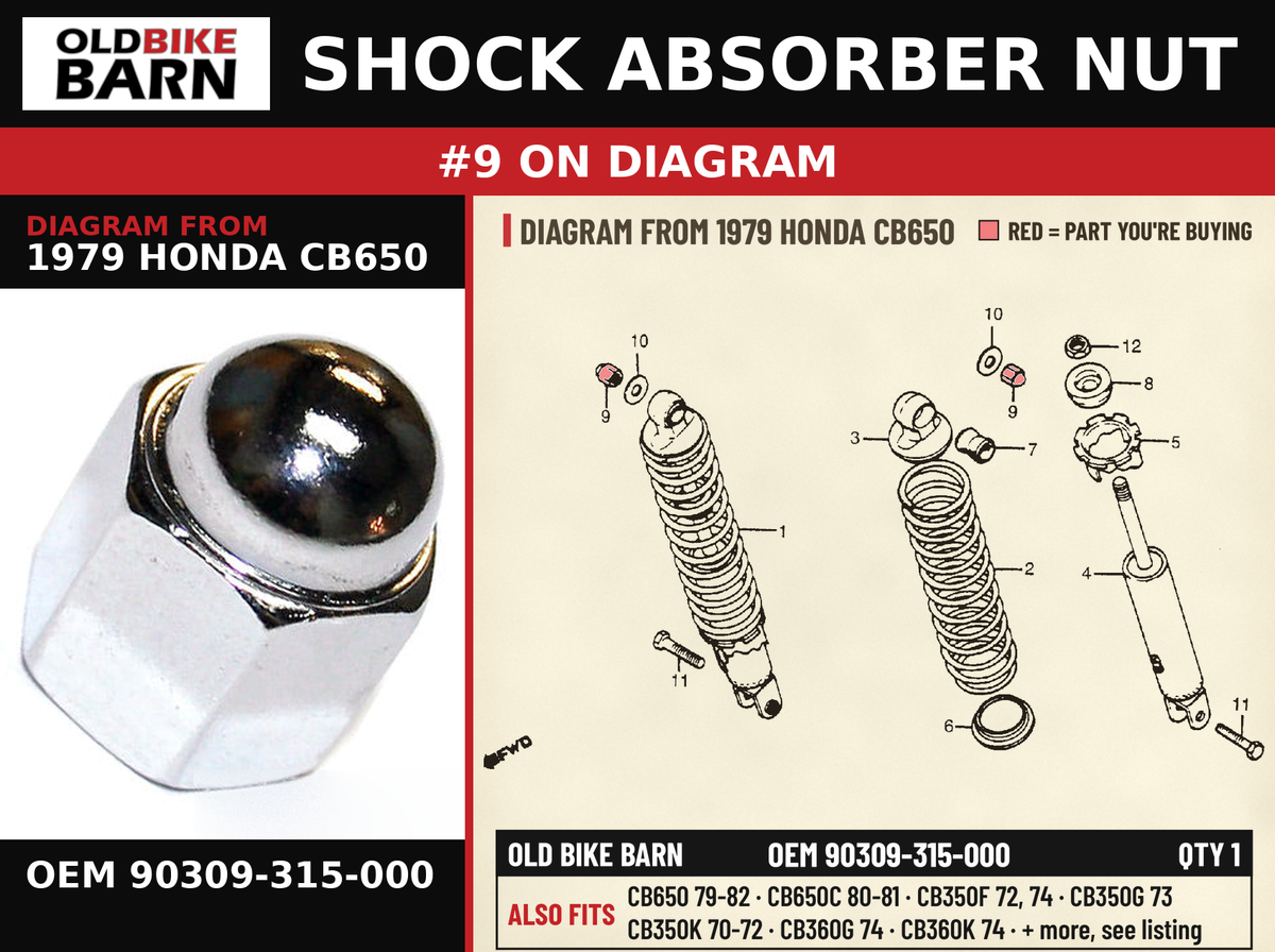 SHOCK ABSORBER NUT OEM 90309-315-000 diagram #9 from 1979 HONDA CB650 | Old Bike Barn