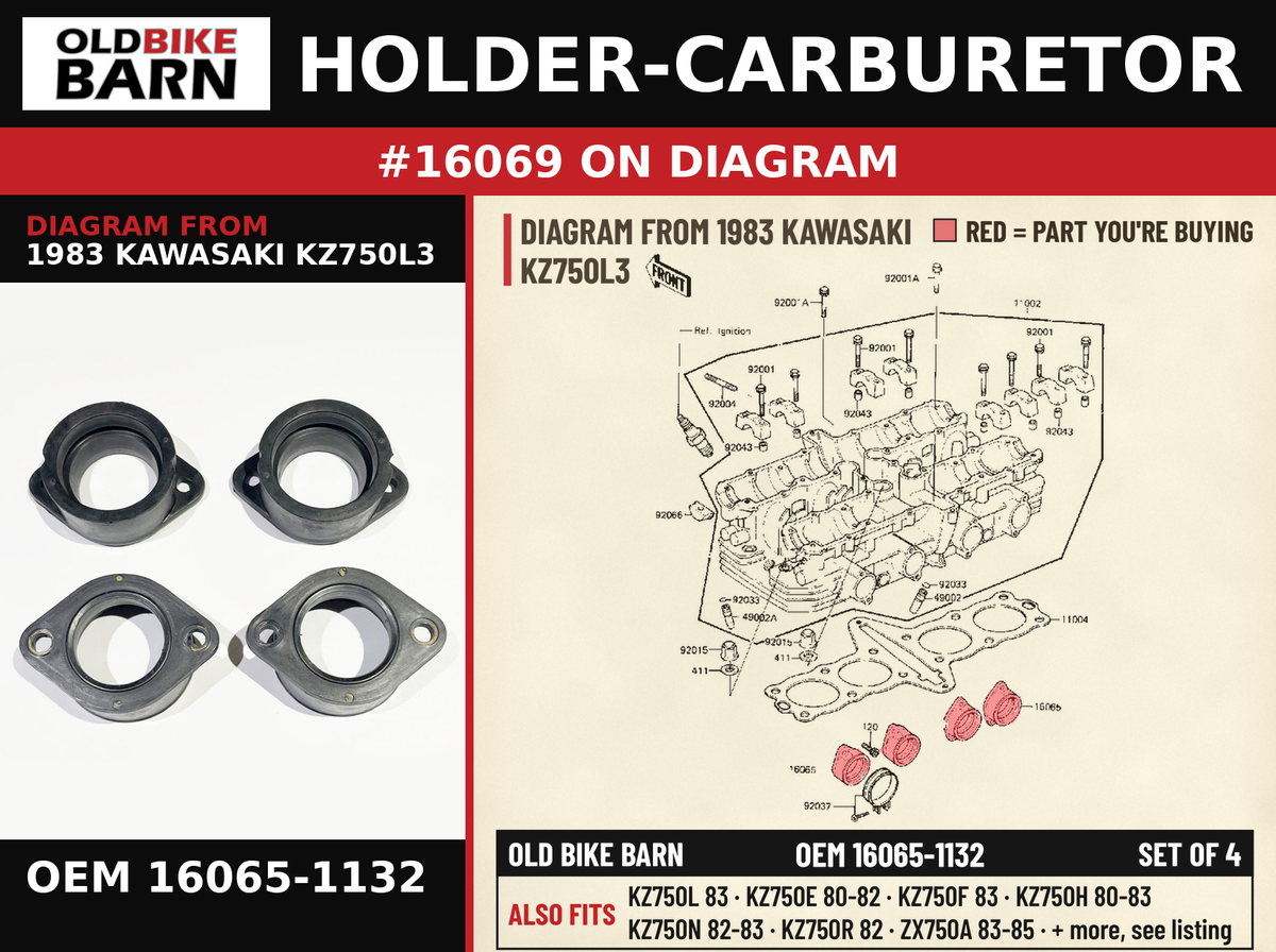 HOLDER-CARBURETOR OEM 16065-1132 diagram #16069 from 1983 KAWASAKI KZ750L3 | Old Bike Barn