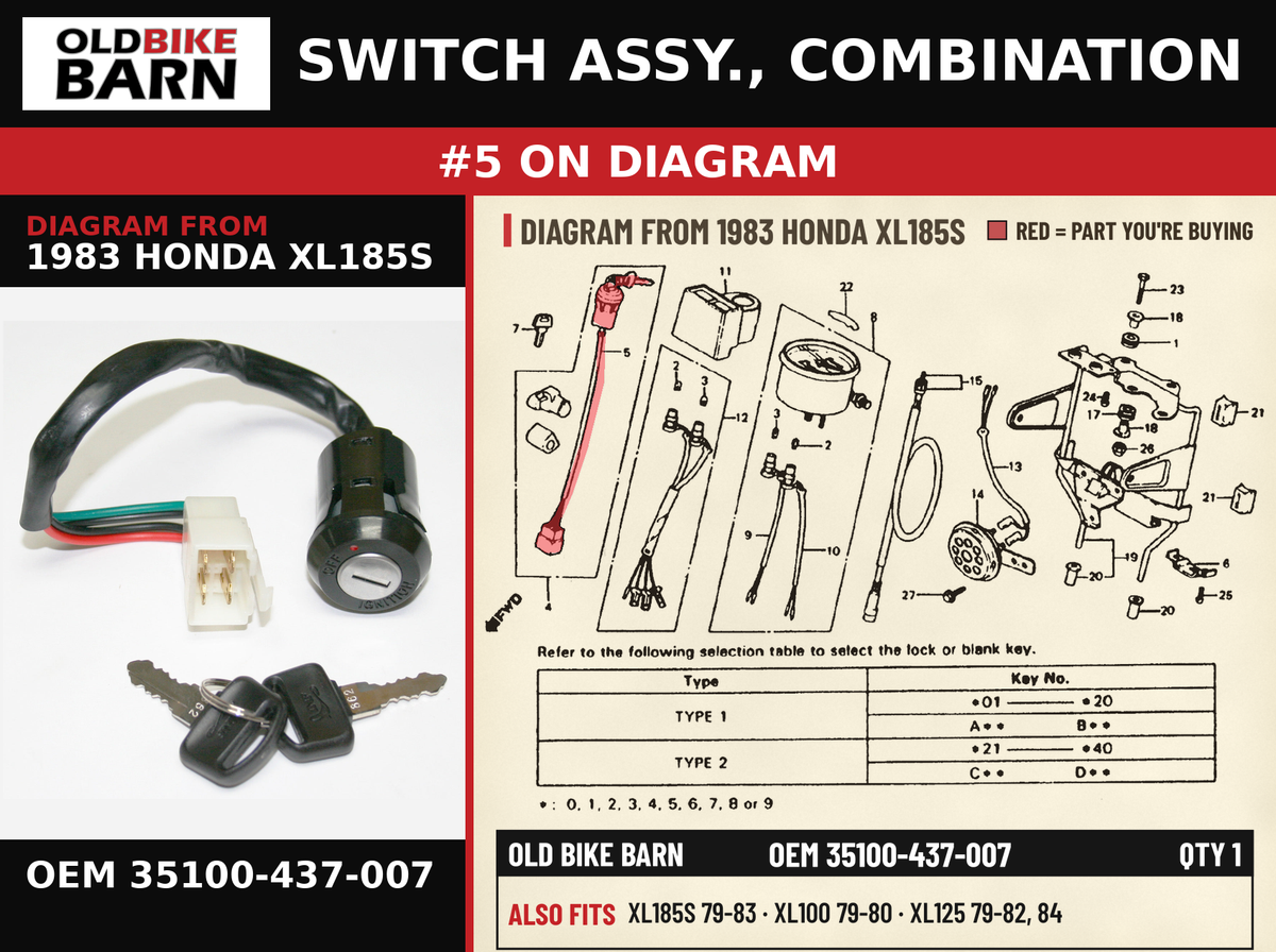 SWITCH ASSY., COMBINATION OEM 35100-437-007 diagram #5 from 1983 HONDA XL185S | Old Bike Barn