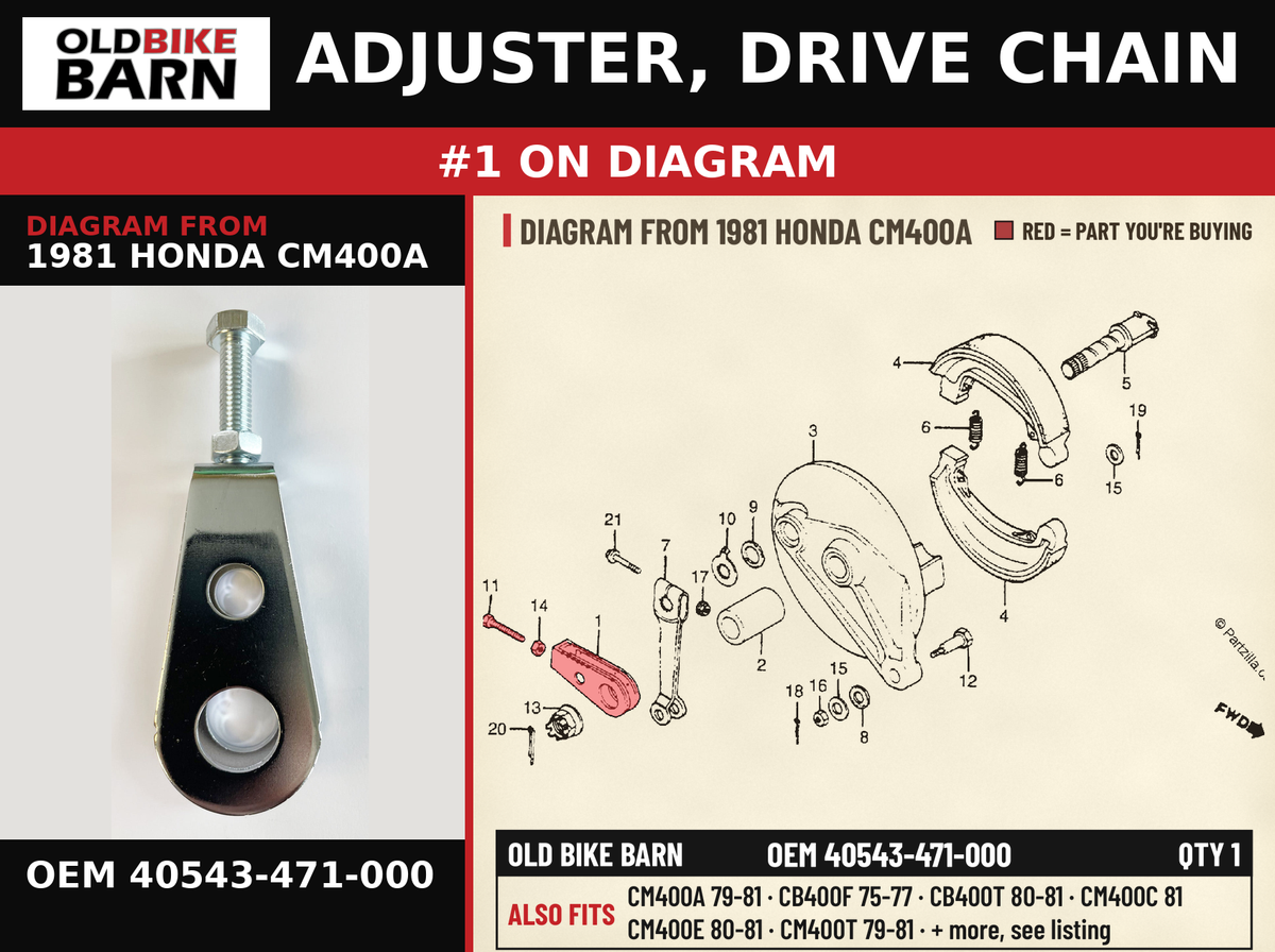 ADJUSTER, DRIVE CHAIN OEM 40543-471-000 diagram #1 from 1981 HONDA CM400A | Old Bike Barn