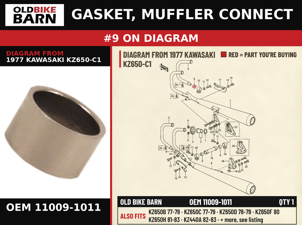 GASKET, MUFFLER CONNECT OEM 11009-1011 diagram #9 from 1977 KAWASAKI KZ650-C1 | Old Bike Barn