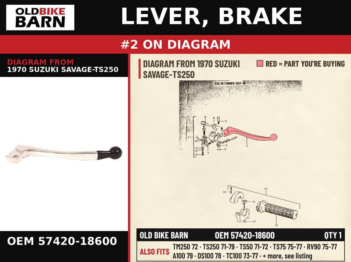 LEVER, BRAKE OEM 57420-18600 diagram #2 from 1970 SUZUKI SAVAGE-TS250 | Old Bike Barn