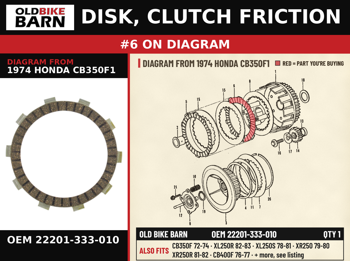 DISK, CLUTCH FRICTION OEM 22201-333-010 diagram #6 from 1974 HONDA CB350F1 | Old Bike Barn