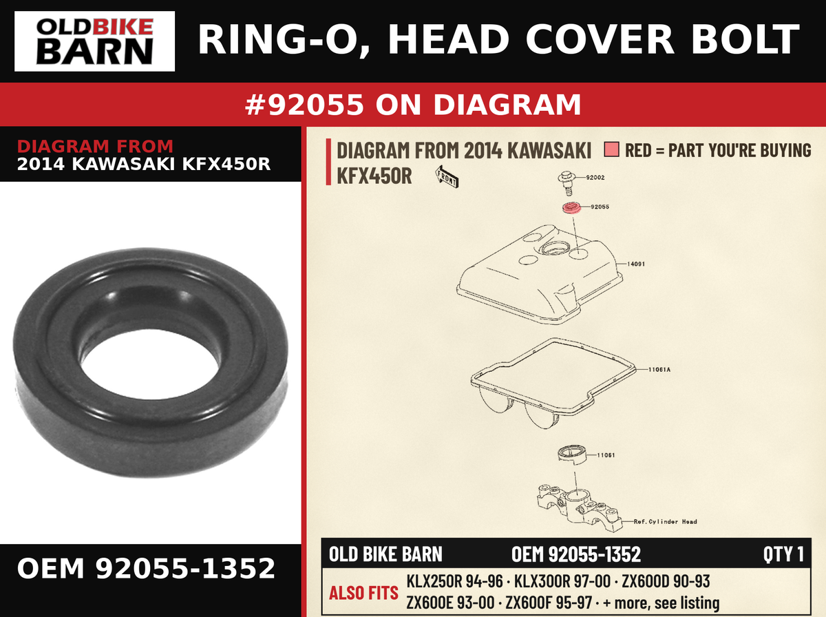 RING-O, HEAD COVER BOLT OEM 92055-1352 diagram #92055 from 2014 KAWASAKI KFX450R | Old Bike Barn
