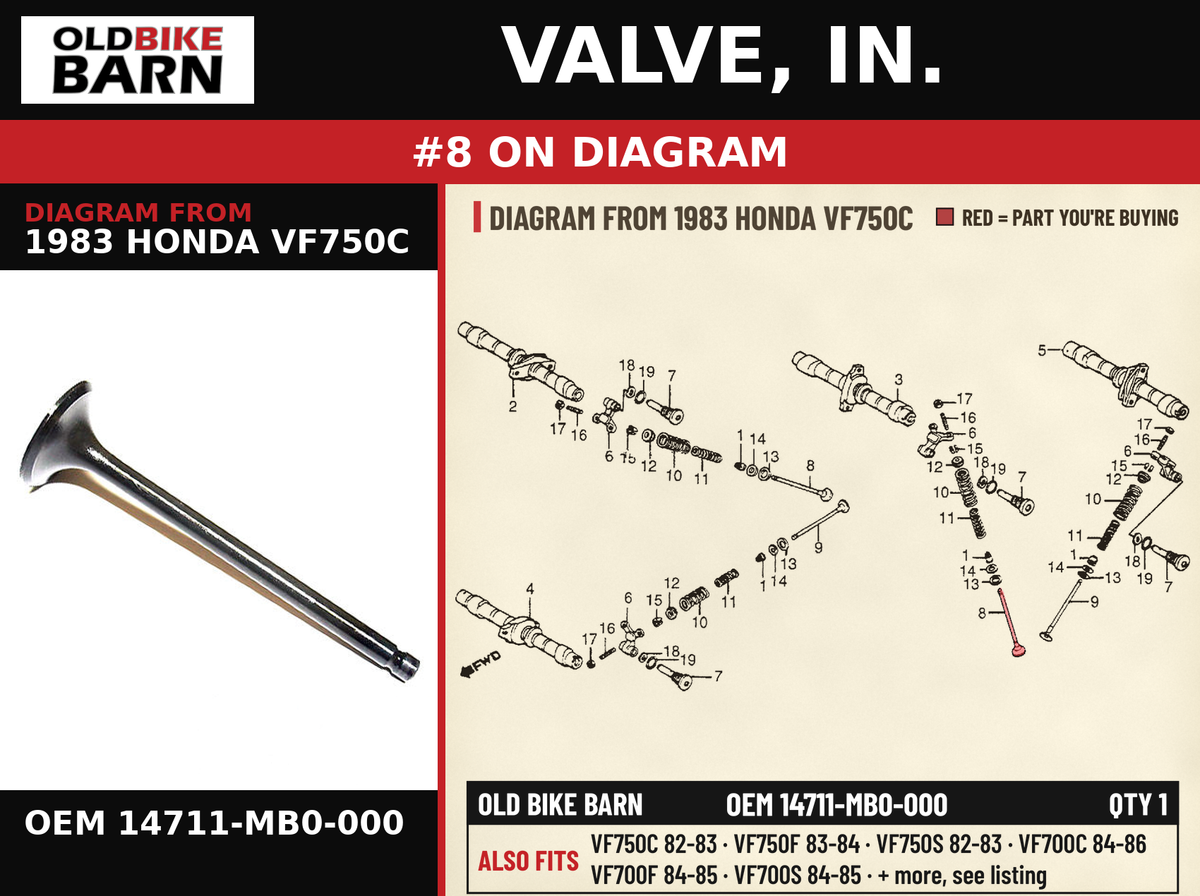 VALVE, IN. OEM 14711-MB0-000 diagram #8 from 1983 HONDA VF750C | Old Bike Barn