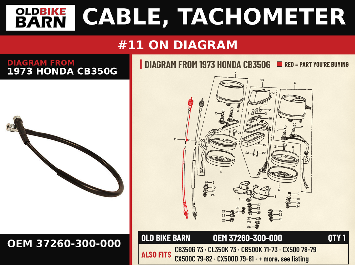 CABLE, TACHOMETER OEM 37260-300-000 diagram #11 from 1973 HONDA CB350G | Old Bike Barn