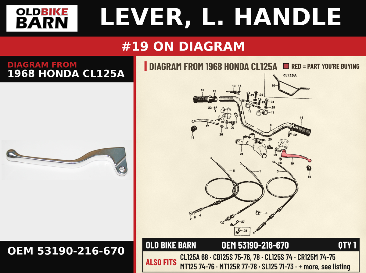 LEVER, L. HANDLE OEM 53190-216-670 diagram #19 from 1968 HONDA CL125A | Old Bike Barn