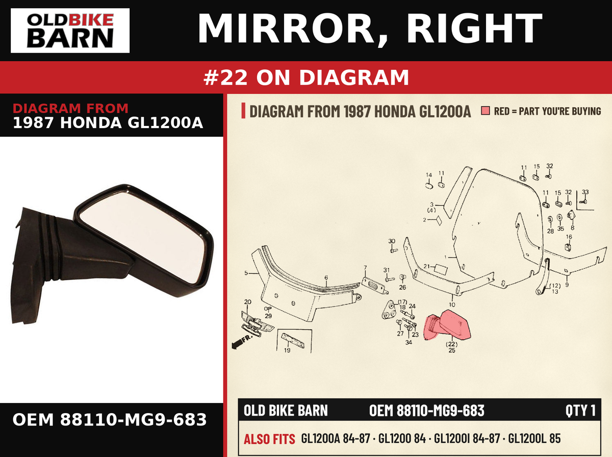 MIRROR, RIGHT OEM 88110-MG9-683 diagram #22 from 1987 HONDA GL1200A | Old Bike Barn