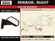 MIRROR, RIGHT OEM 88110-MG9-683 diagram #22 from 1987 HONDA GL1200A | Old Bike Barn