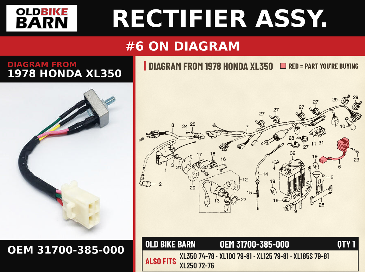 RECTIFIER ASSY. OEM 31700-385-000 diagram #6 from 1978 HONDA XL350 | Old Bike Barn