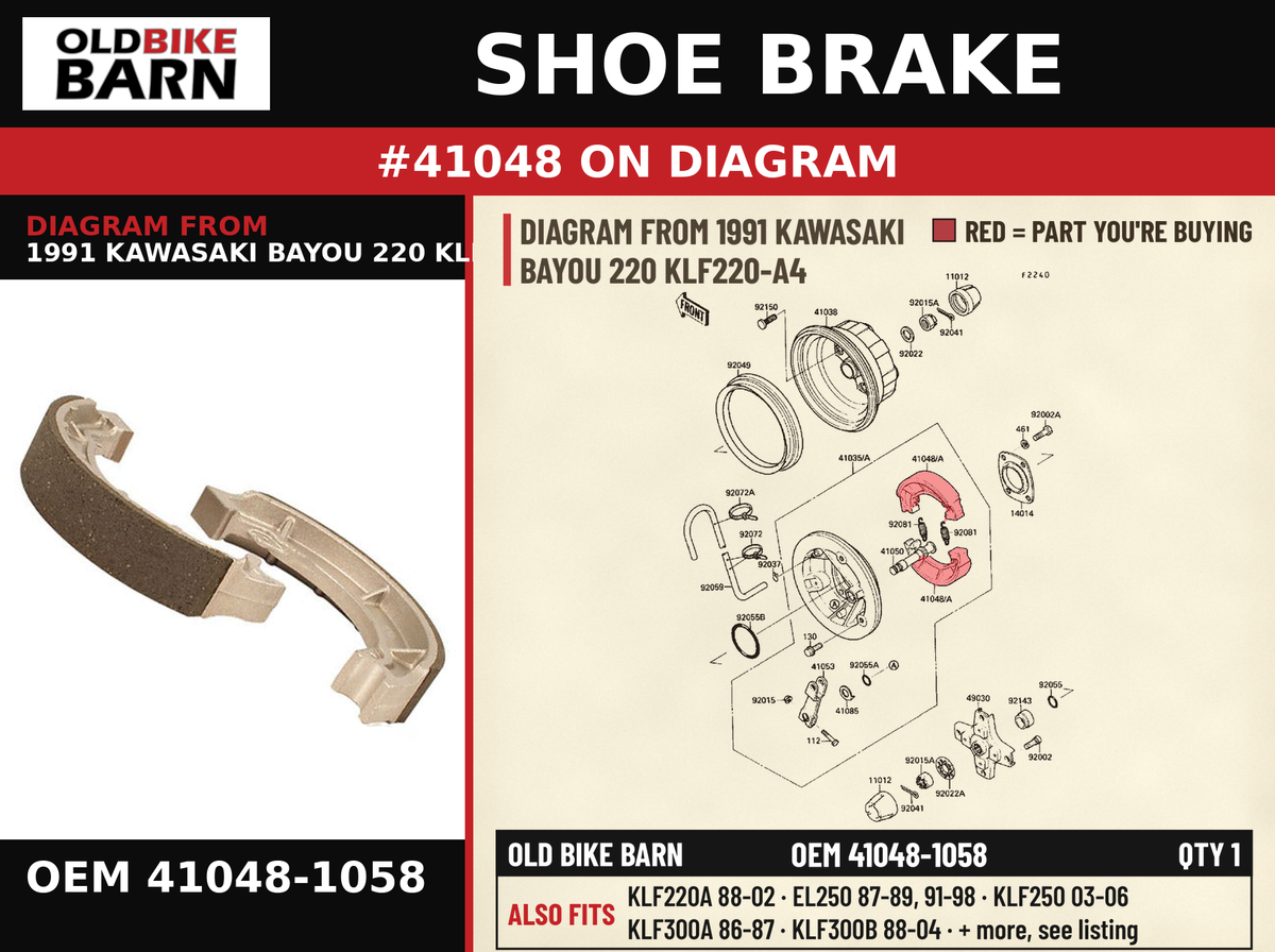 SHOE BRAKE OEM 41048-1058 diagram #41048 from 1991 KAWASAKI BAYOU 220 KLF220-A4 | Old Bike Barn