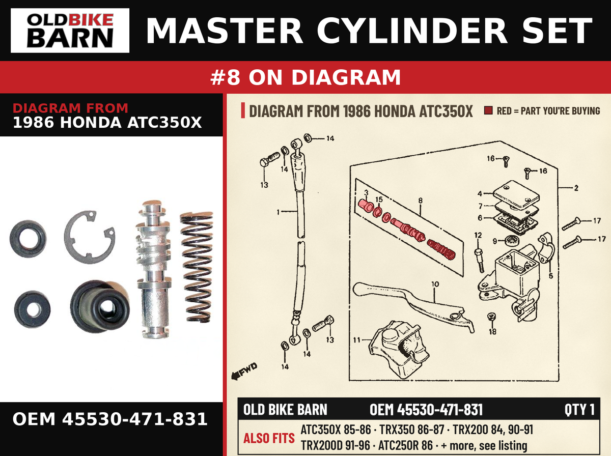 MASTER CYLINDER SET OEM 45530-471-831 diagram #8 from 1986 HONDA ATC350X | Old Bike Barn