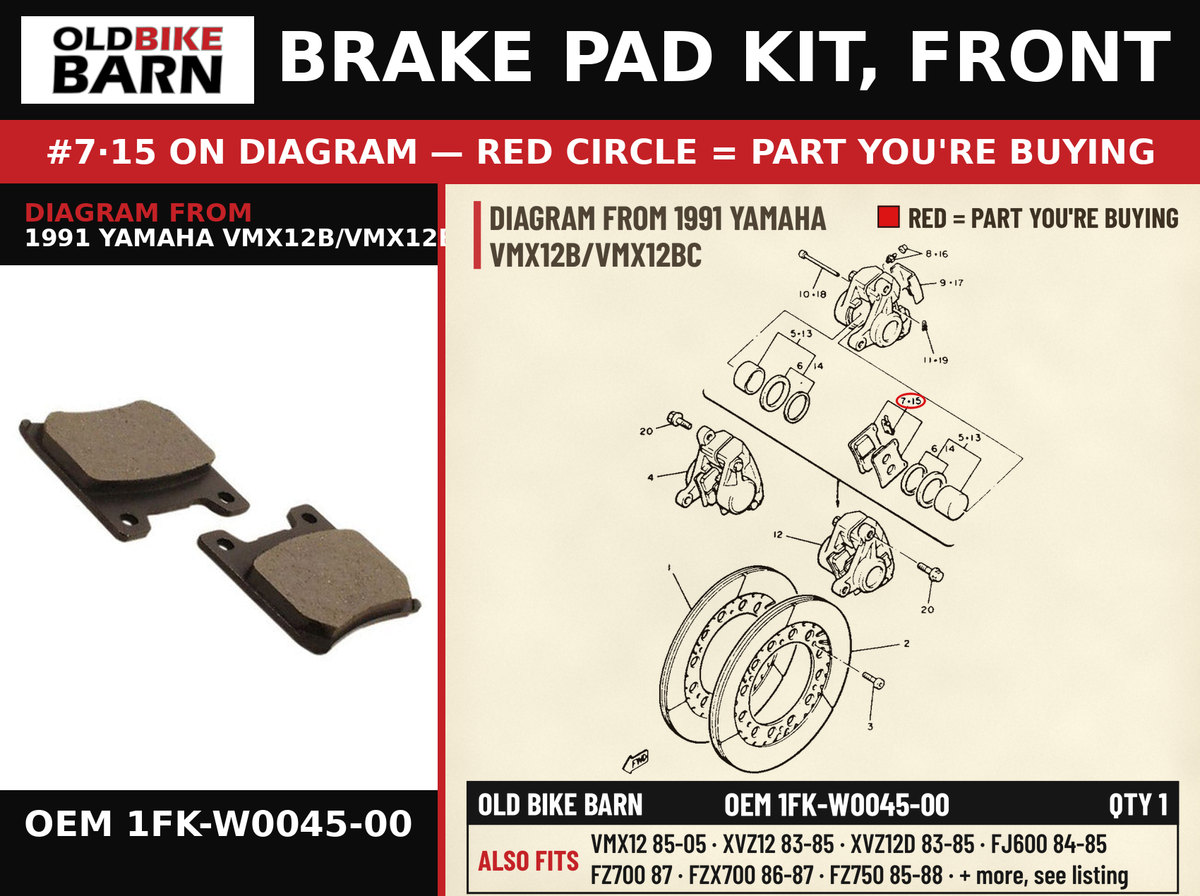 BRAKE PAD KIT, FRONT OEM 1FK-W0045-00 diagram #7·15 from 1991 YAMAHA VMX12B/VMX12BC | Old Bike Barn