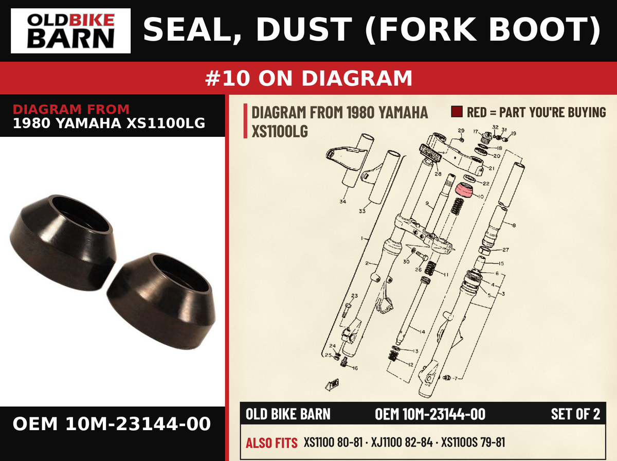 SEAL, DUST (FORK BOOT) OEM 10M-23144-00 diagram #10 from 1980 YAMAHA XS1100LG | Old Bike Barn
