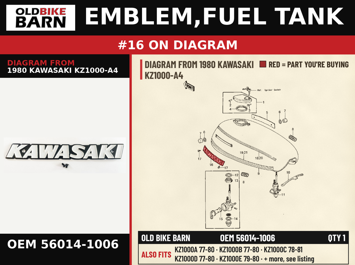 EMBLEM,FUEL TANK OEM 56014-1006 diagram #16 from 1980 KAWASAKI KZ1000-A4 | Old Bike Barn