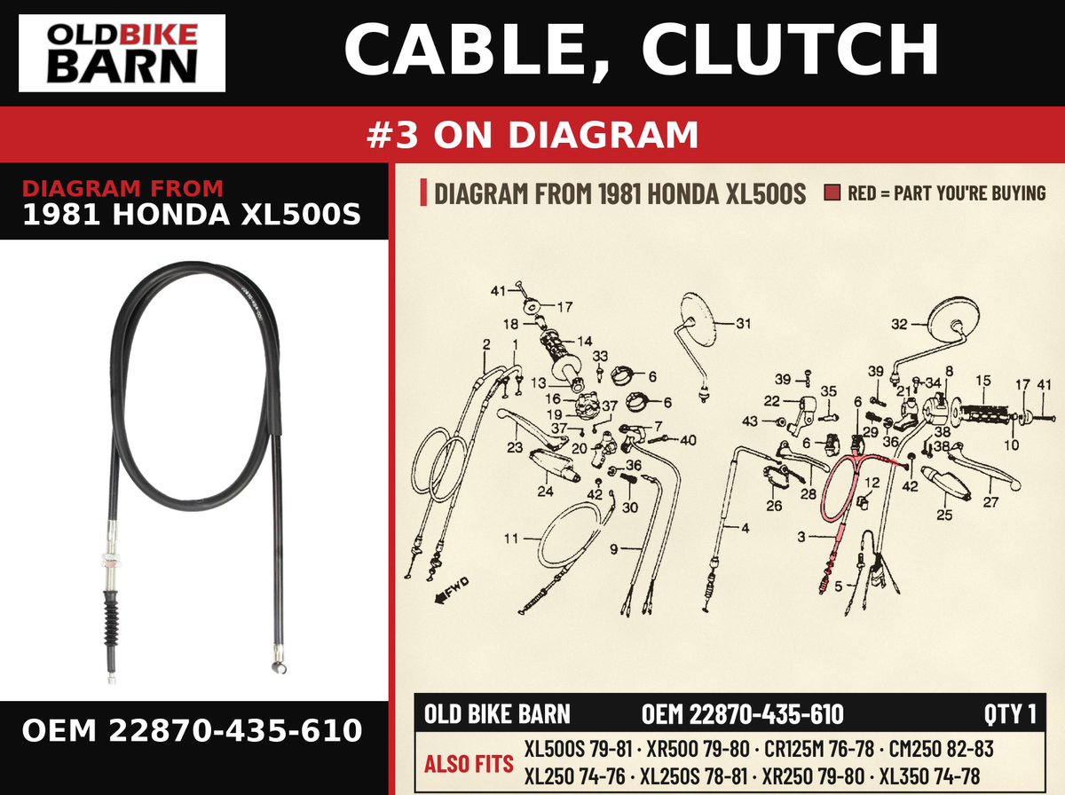CABLE, CLUTCH OEM 22870-435-610 diagram #3 from 1981 HONDA XL500S | Old Bike Barn