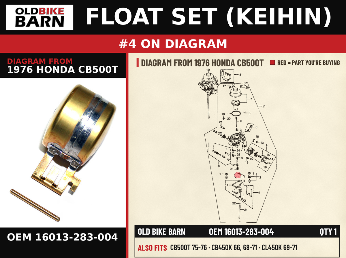 FLOAT SET (KEIHIN) OEM 16013-283-004 diagram #4 from 1976 HONDA CB500T | Old Bike Barn