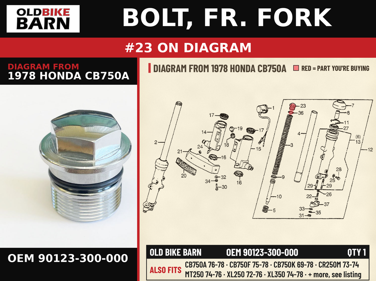 BOLT, FR. FORK OEM 90123-300-000 diagram #23 from 1978 HONDA CB750A | Old Bike Barn