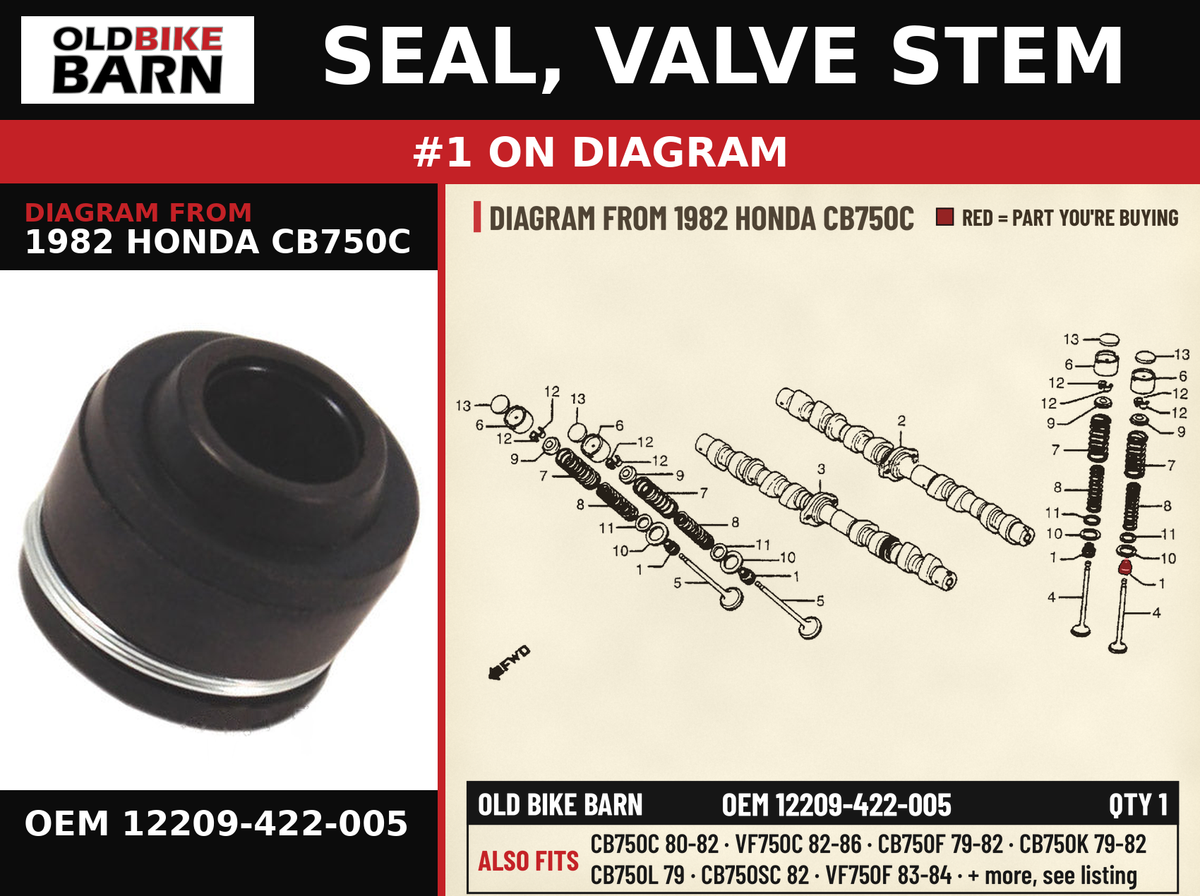 SEAL, VALVE STEM OEM 12209-422-005 diagram #1 from 1982 HONDA CB750C | Old Bike Barn