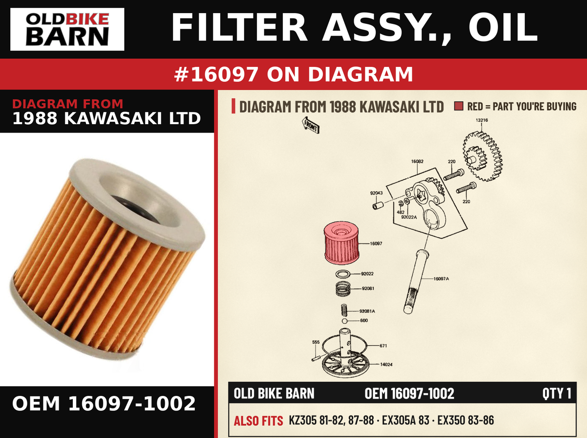FILTER ASSY., OIL OEM 16097-1002 diagram #16097 from 1988 KAWASAKI LTD | Old Bike Barn