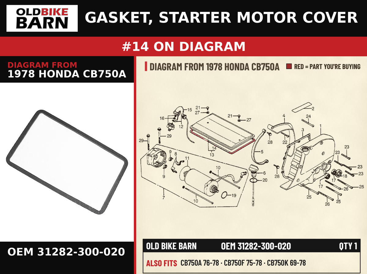 GASKET, STARTER MOTOR COVER OEM 31282-300-020 diagram #14 from 1978 HONDA CB750A | Old Bike Barn