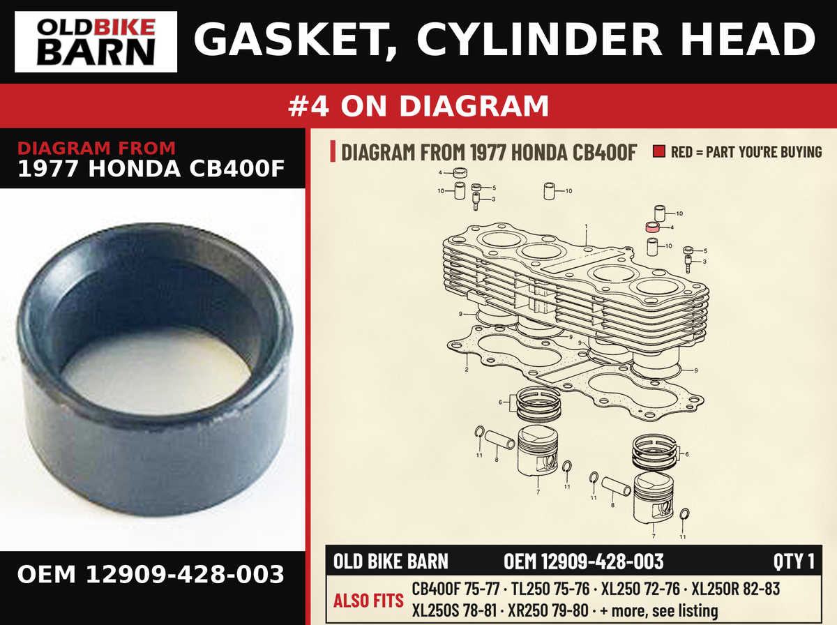 GASKET, CYLINDER HEAD OEM 12909-428-003 diagram #4 from 1977 HONDA CB400F | Old Bike Barn