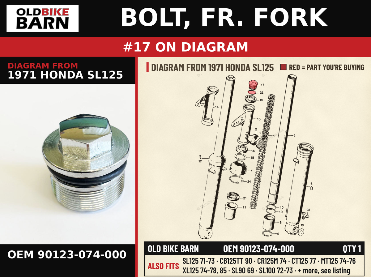 BOLT, FR. FORK OEM 90123-074-000 diagram #17 from 1971 HONDA SL125 | Old Bike Barn