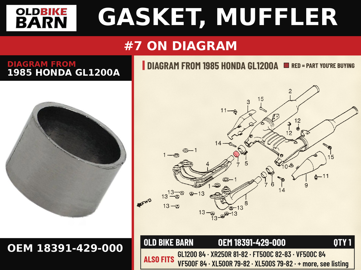 GASKET, MUFFLER OEM 18391-429-000 diagram #7 from 1985 HONDA GL1200A | Old Bike Barn