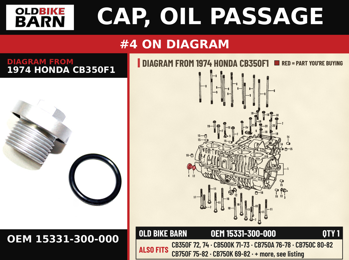 CAP, OIL PASSAGE OEM 15331-300-000 diagram #4 from 1974 HONDA CB350F1 | Old Bike Barn