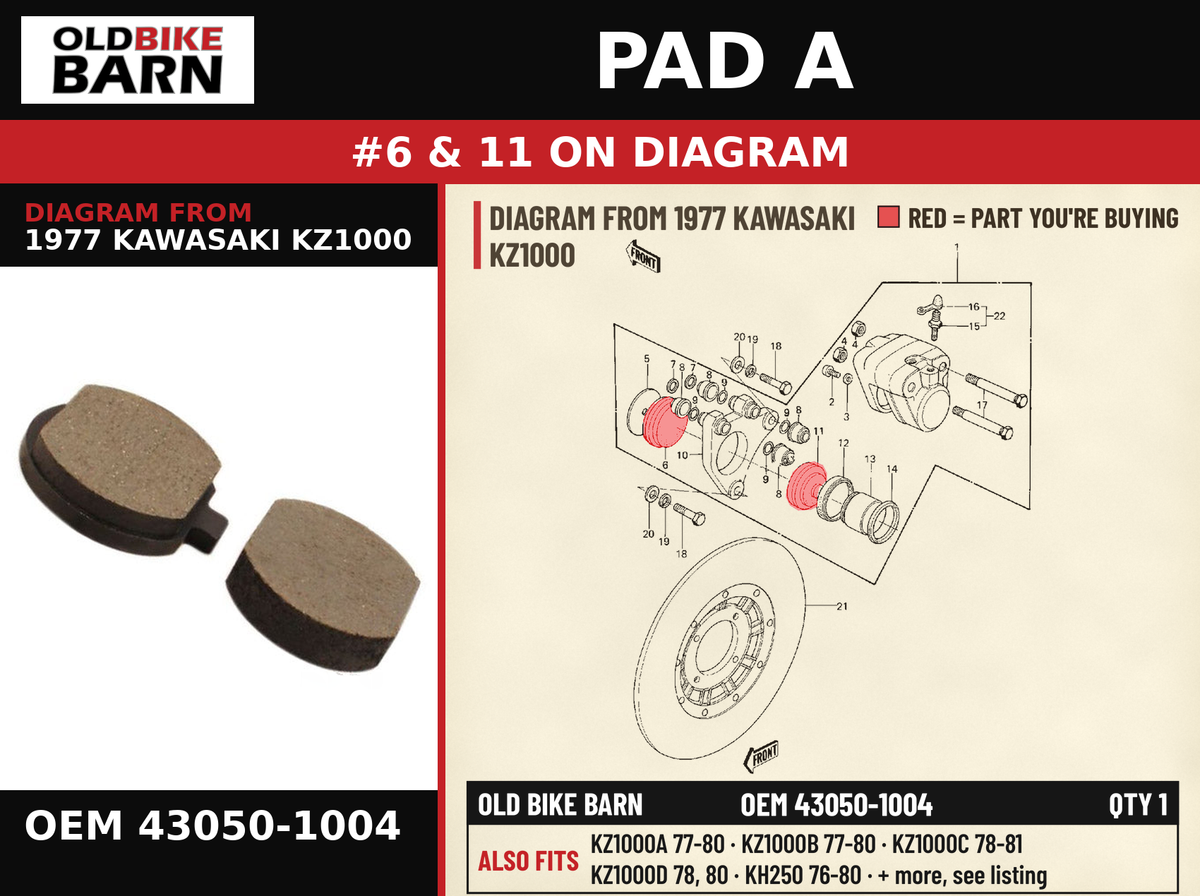 PAD A OEM 43050-1004 diagram #6 & 11 from 1977 KAWASAKI KZ1000 | Old Bike Barn