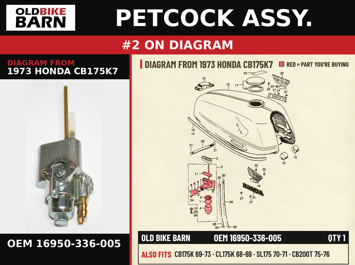 PETCOCK ASSY. OEM 16950-336-005 diagram #2 from 1973 HONDA CB175K7 | Old Bike Barn