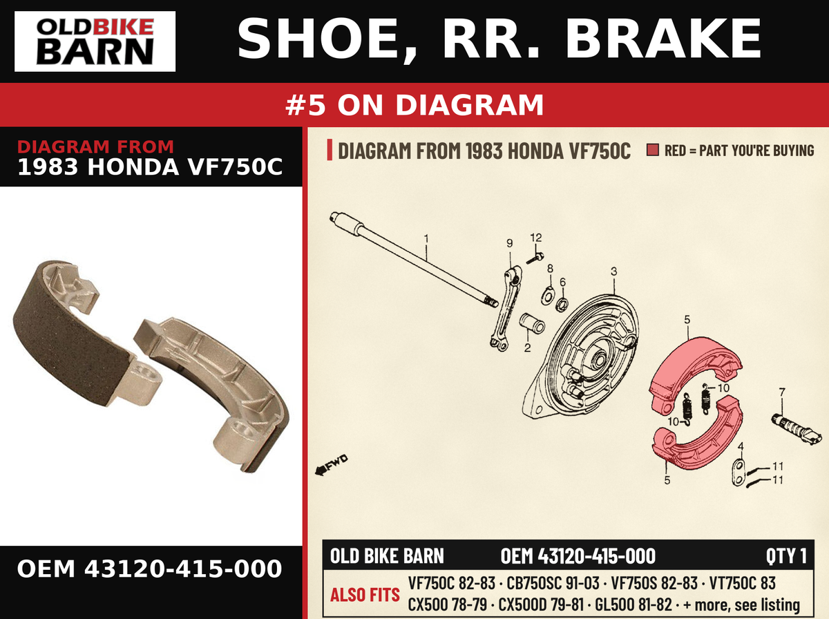 SHOE, RR. BRAKE OEM 43120-415-000 diagram #5 from 1983 HONDA VF750C | Old Bike Barn
