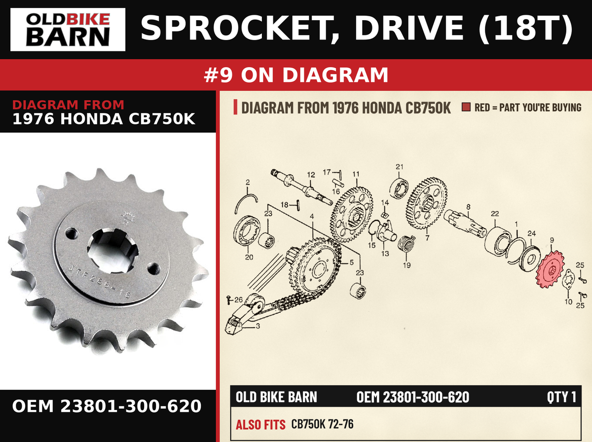 SPROCKET, DRIVE (18T) OEM 23801-300-620 diagram #9 from 1976 HONDA CB750K | Old Bike Barn