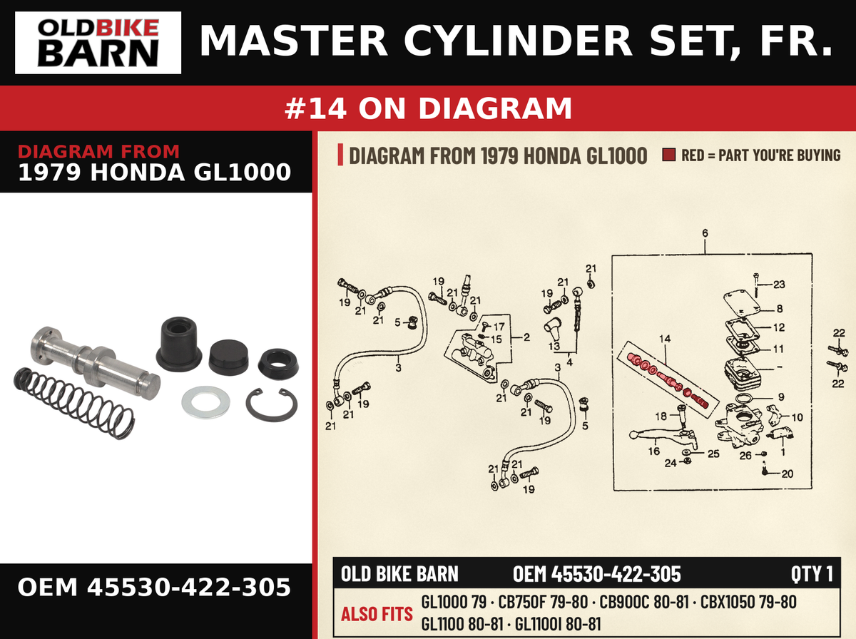 MASTER CYLINDER SET, FR. OEM 45530-422-305 diagram #14 from 1979 HONDA GL1000 | Old Bike Barn