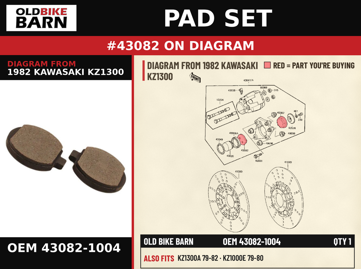 PAD SET OEM 43082-1004 diagram #43082 from 1982 KAWASAKI KZ1300 | Old Bike Barn