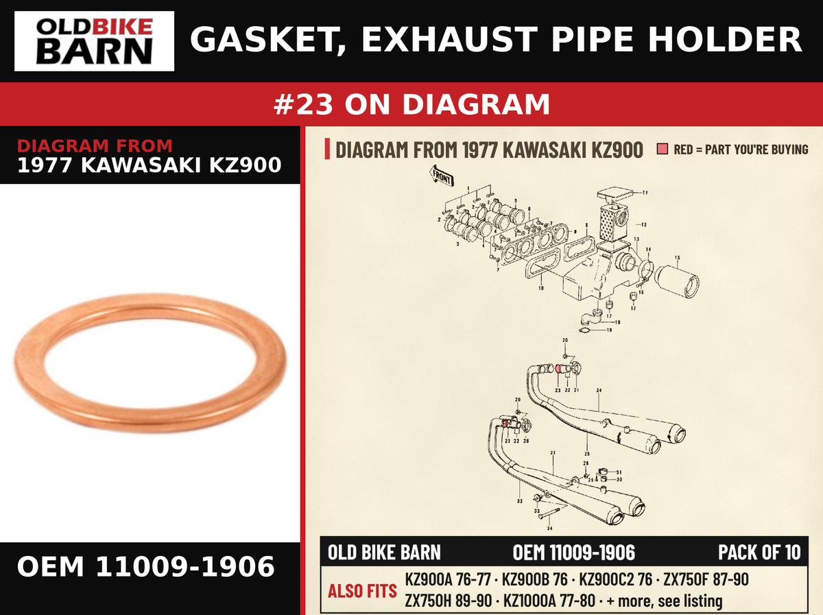 GASKET, EXHAUST PIPE HOLDER OEM 11009-1906 diagram #23 from 1977 KAWASAKI KZ900 | Old Bike Barn