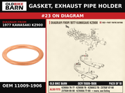 GASKET, EXHAUST PIPE HOLDER OEM 11009-1906 diagram #23 from 1977 KAWASAKI KZ900 | Old Bike Barn