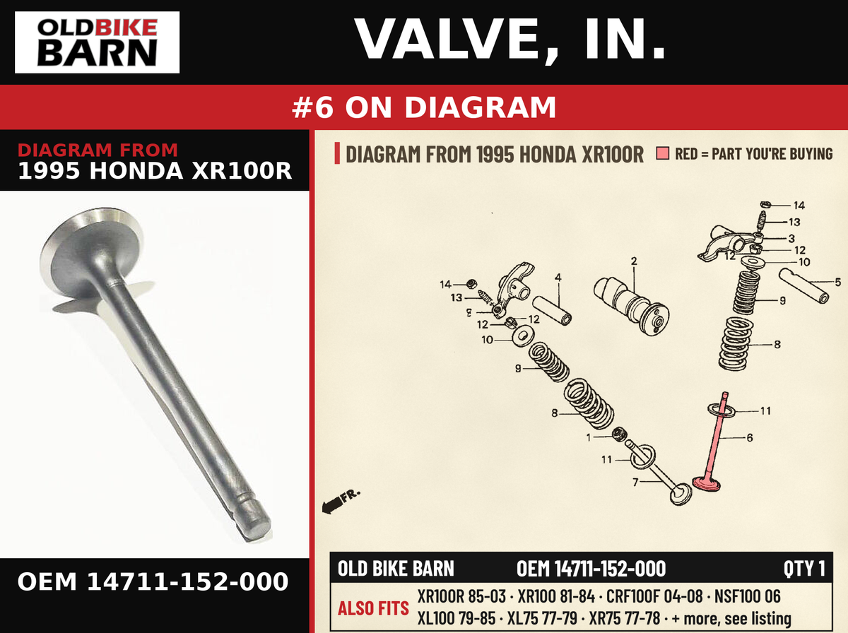 VALVE, IN. OEM 14711-152-000 diagram #6 from 1995 HONDA XR100R | Old Bike Barn