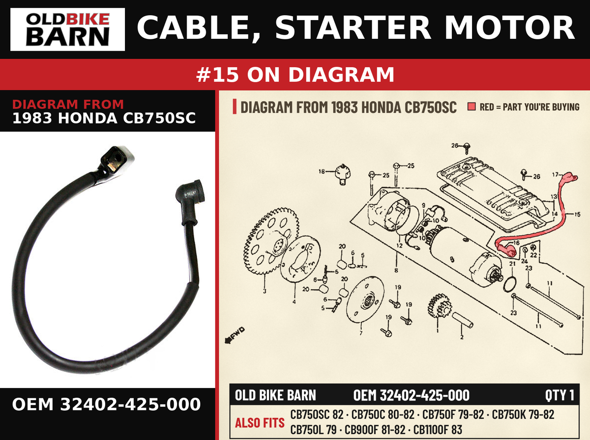 CABLE, STARTER MOTOR OEM 32402-425-000 diagram #15 from 1983 HONDA CB750SC | Old Bike Barn