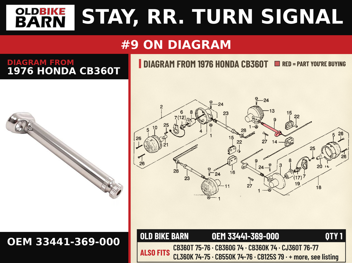 STAY, RR. TURN SIGNAL OEM 33441-369-000 diagram #9 from 1976 HONDA CB360T | Old Bike Barn