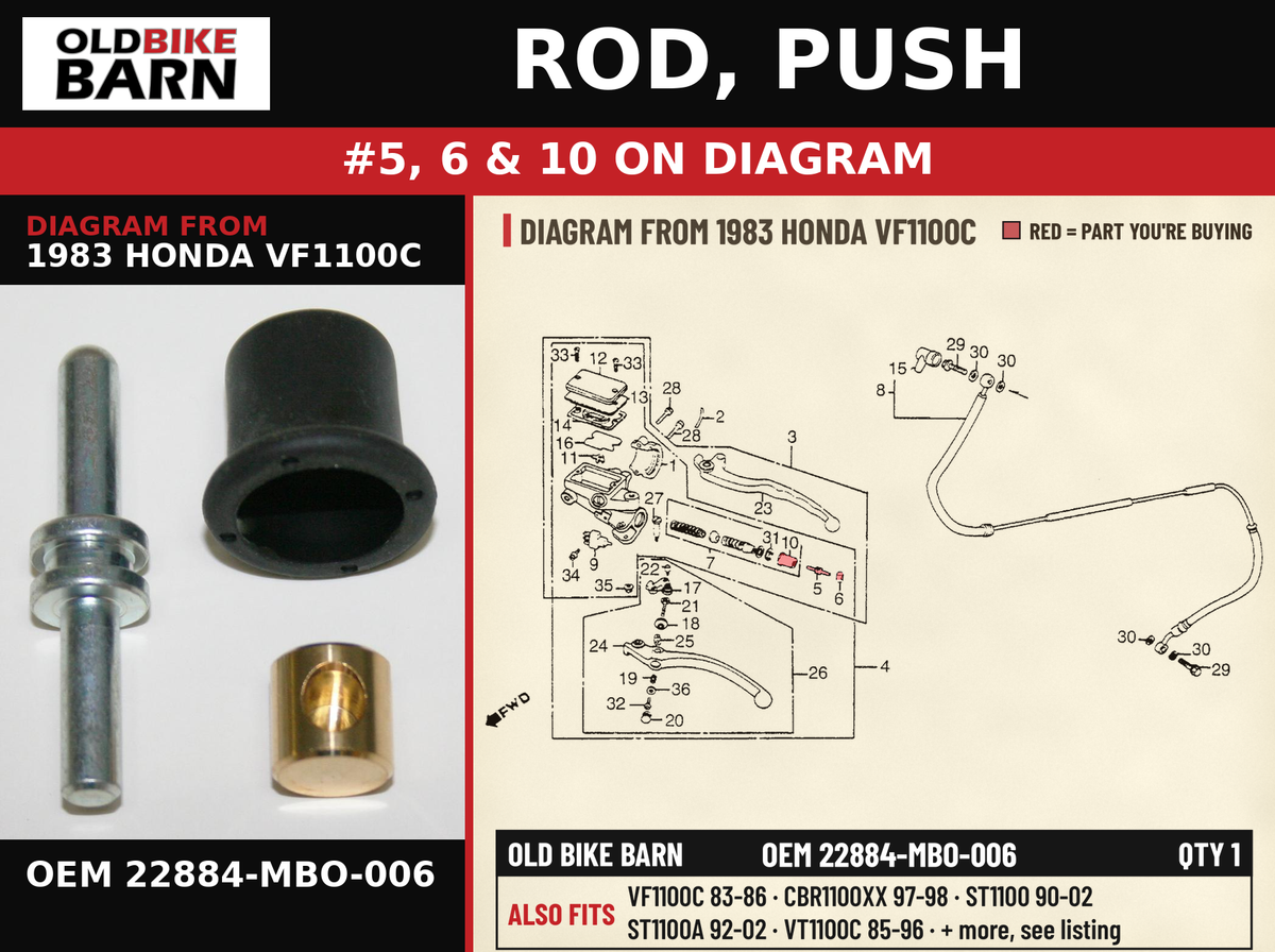 ROD, PUSH OEM 22884-MBO-006 diagram #5, 6 & 10 from 1983 HONDA VF1100C | Old Bike Barn